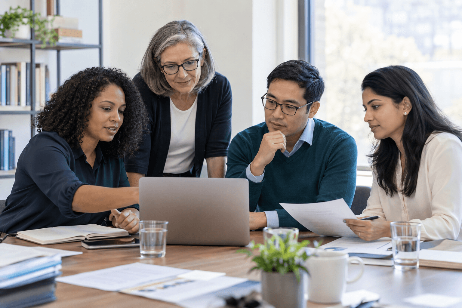 A diverse group of professional communicators reviewing work together