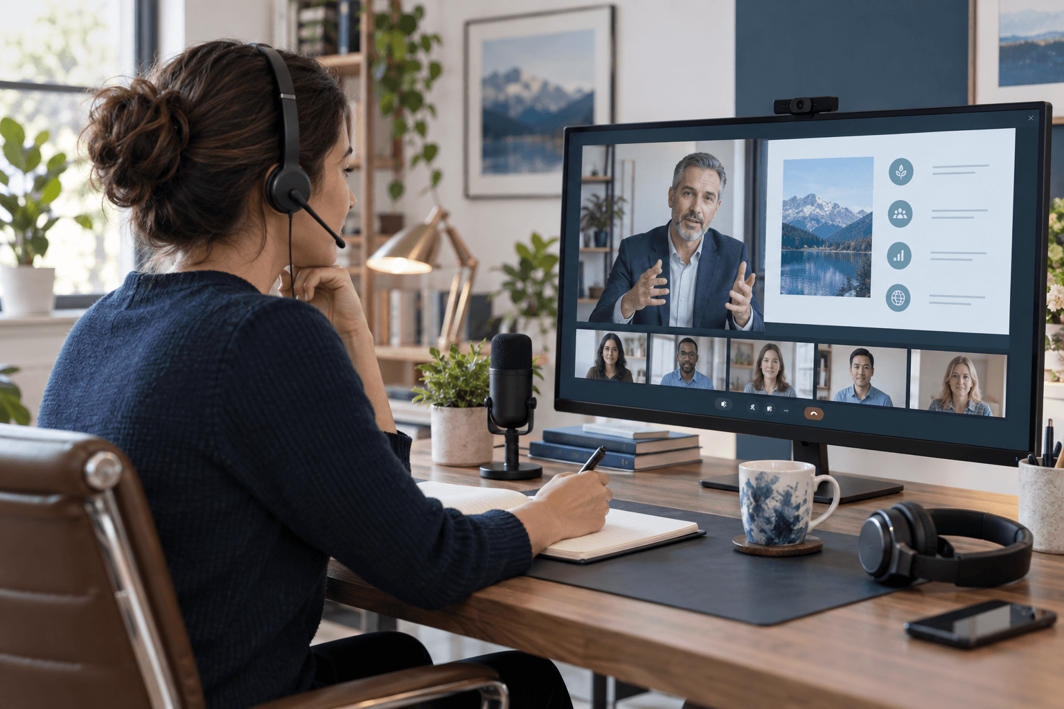 A professional participating in a live educational webinar from a home office