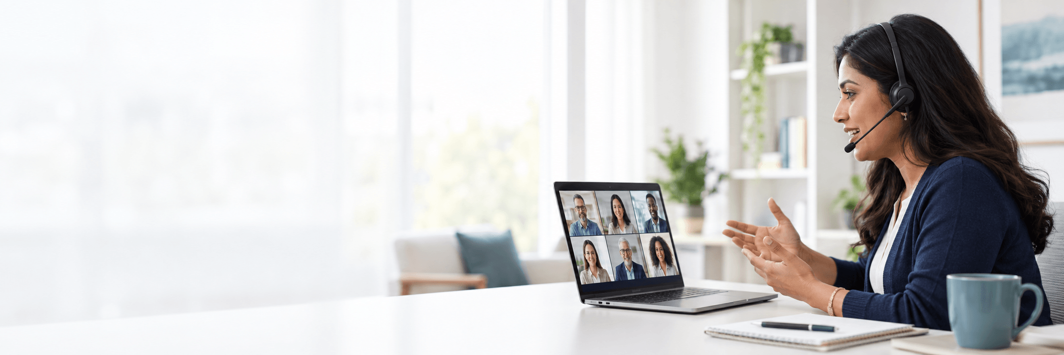 A professional webinar host using a headset and laptop to lead an online session