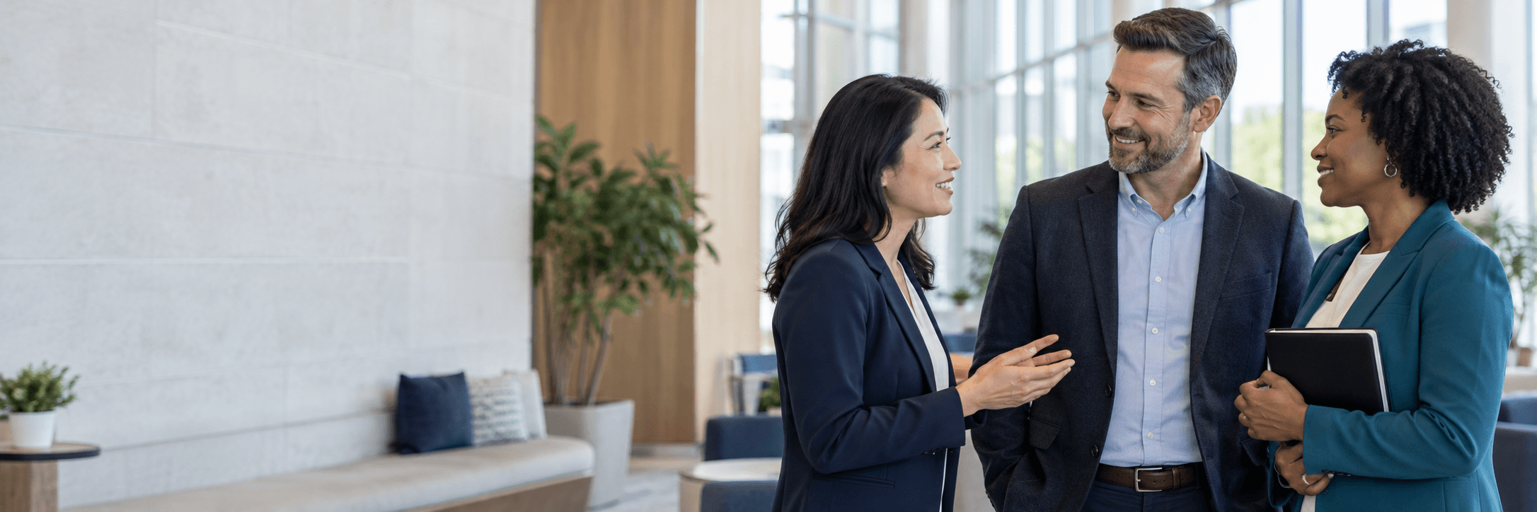 Professionals building connections in a modern conference setting