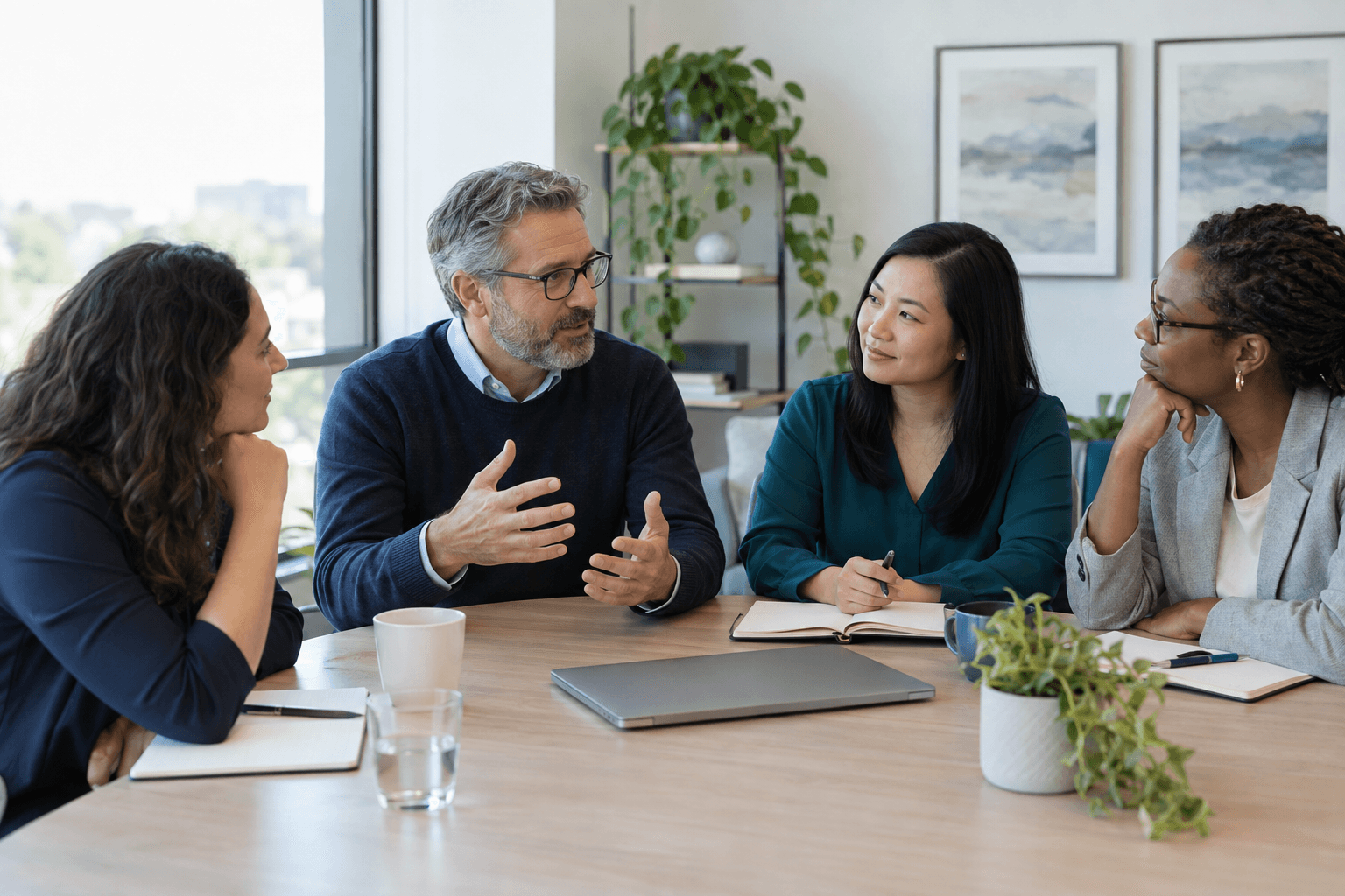 A diverse group of professionals having a thoughtful roundtable discussion
