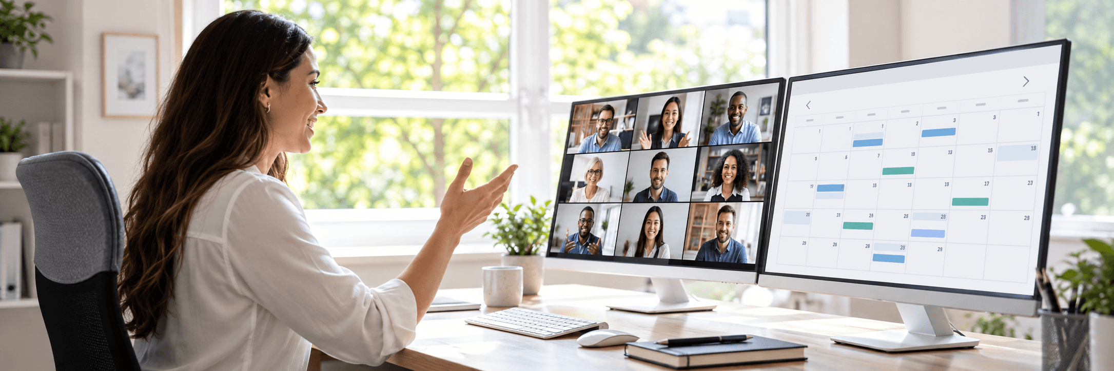 A professional attending an online webinar beside an organized session calendar
