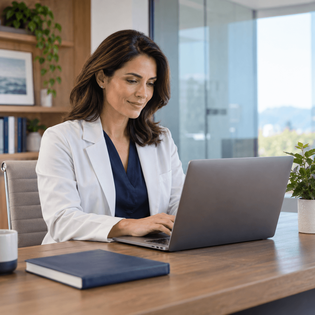 A medical communication professional securely signing in on a laptop