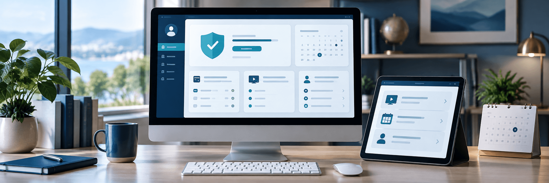 A professional desktop and tablet displaying a unified membership and webinar dashboard