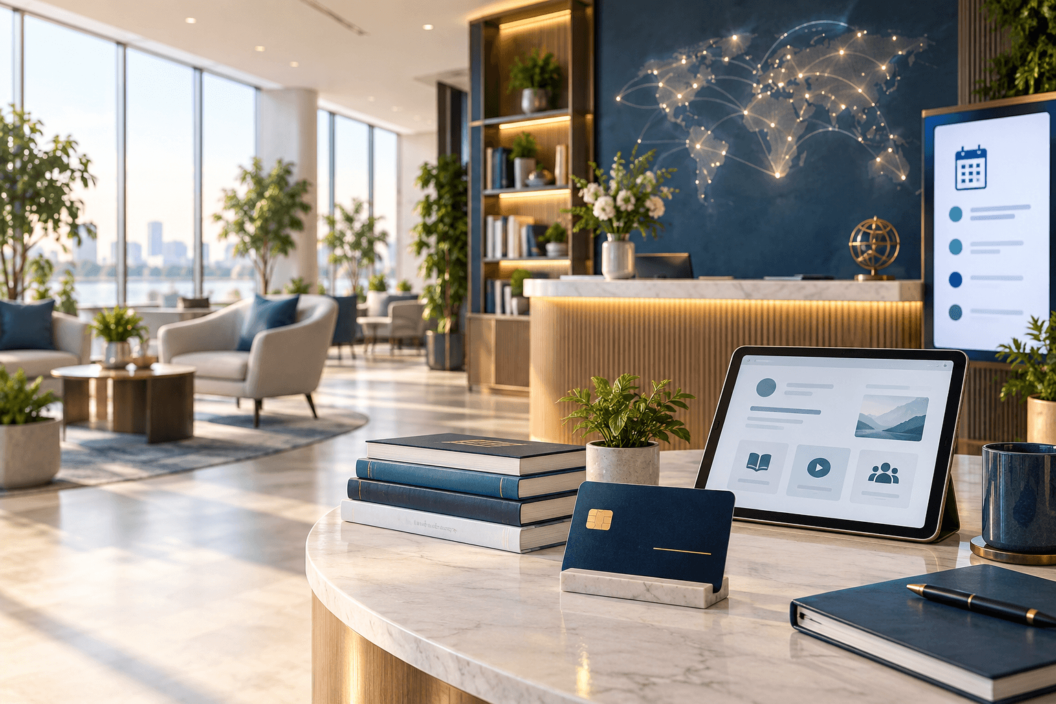 A welcoming professional member lounge with a membership credential, learning resources, and a digital member dashboard