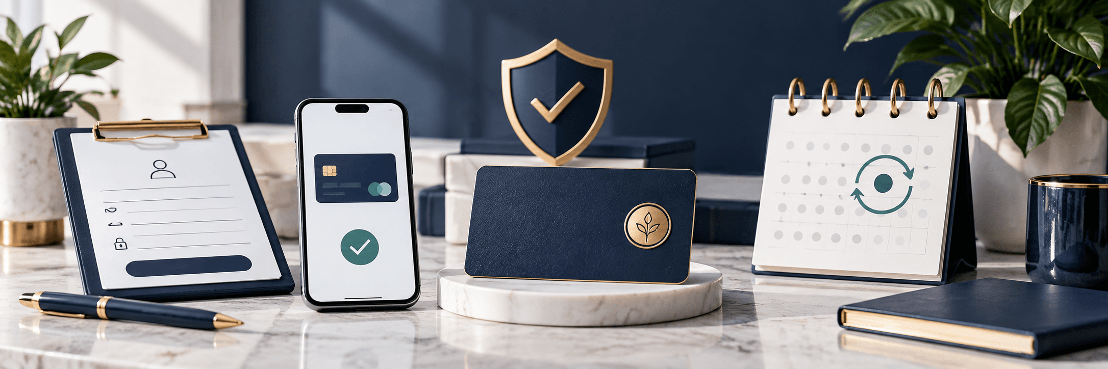 Membership credential, secure payment confirmation, and renewal calendar arranged on a professional desk