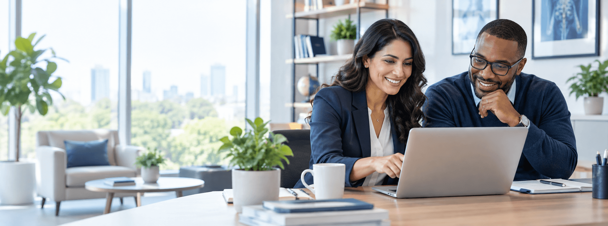 Two medical communications professionals reviewing their member account together
