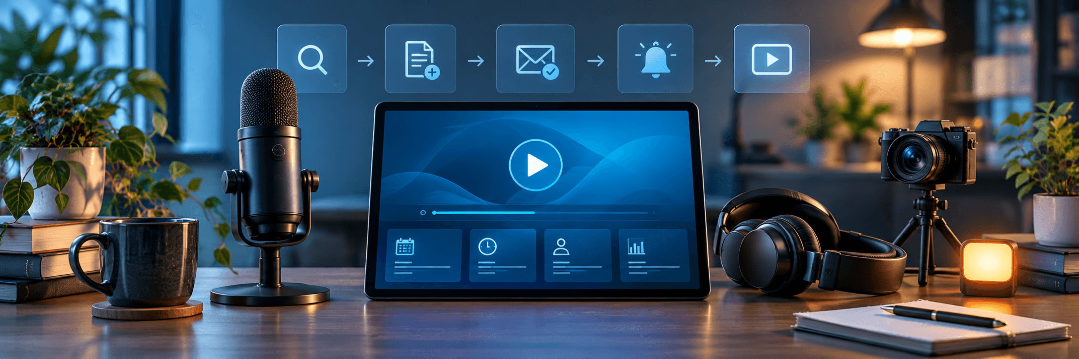 Professional webinar equipment and a digital screen showing the registration-to-access journey